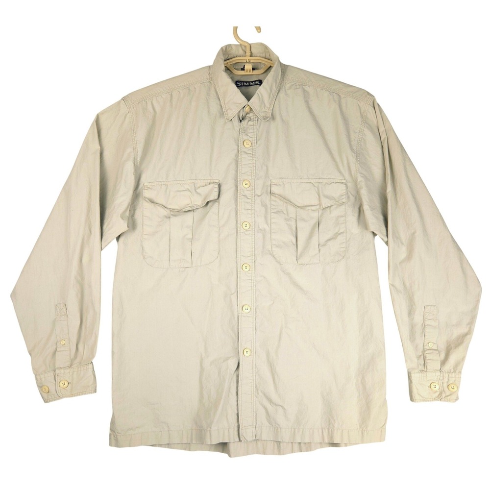 Simms Mens Large Tan Long Sleeve Cotton Fishing Shirt Button Down Utility Pocket